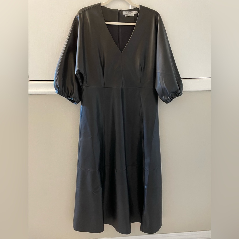Simons Contemporaine Black Faux Leather Balloon Sleeve Dress, S